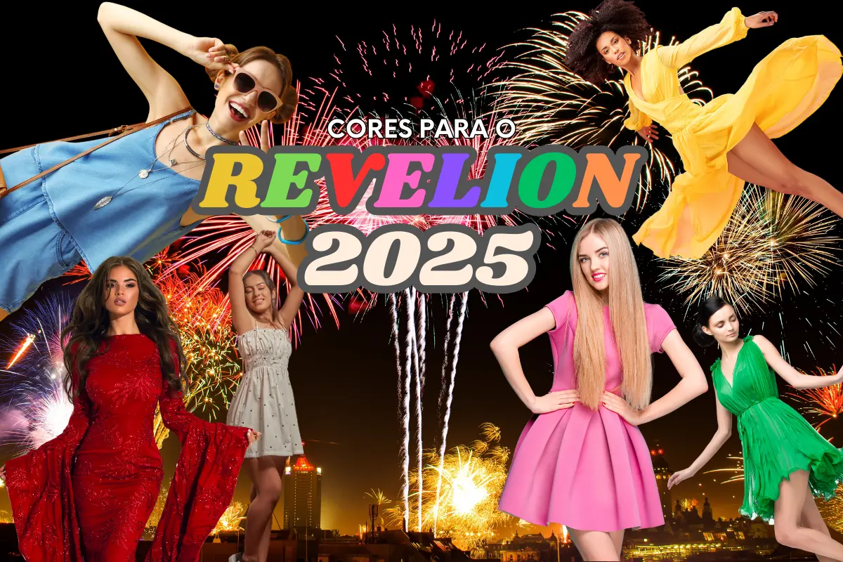 Paleta de cores vibrantes para o Réveillon 2025 incluindo branco, amarelo, vermelho, verde, azul, rosa, laranja, roxo, prata e dourado.