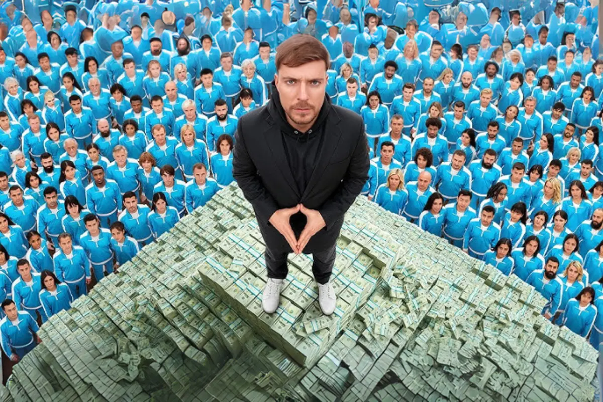 MrBeast de pé sobre uma imensa pilha de dinheiro, simbolizando o prêmio de cinco milhões de dólares, enquanto olha para frente, pronto para desafiar dois mil competidores em uma competição épica.