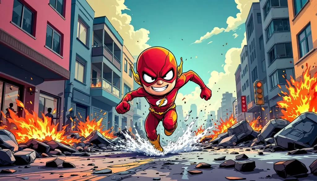 Flash correndo como se nada estivesse acontecendo e destruindo tudo ao seu redor