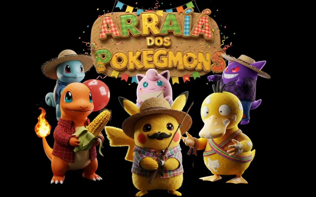 Pokémons caracterizados para festa junina, com Pikachu, Charmander, Bulbasaur, Jigglypuff, Squirtle, Psyduck e Gengar usando roupas típicas e reunidos sob o letreiro “Arraiá dos Pokémons”.