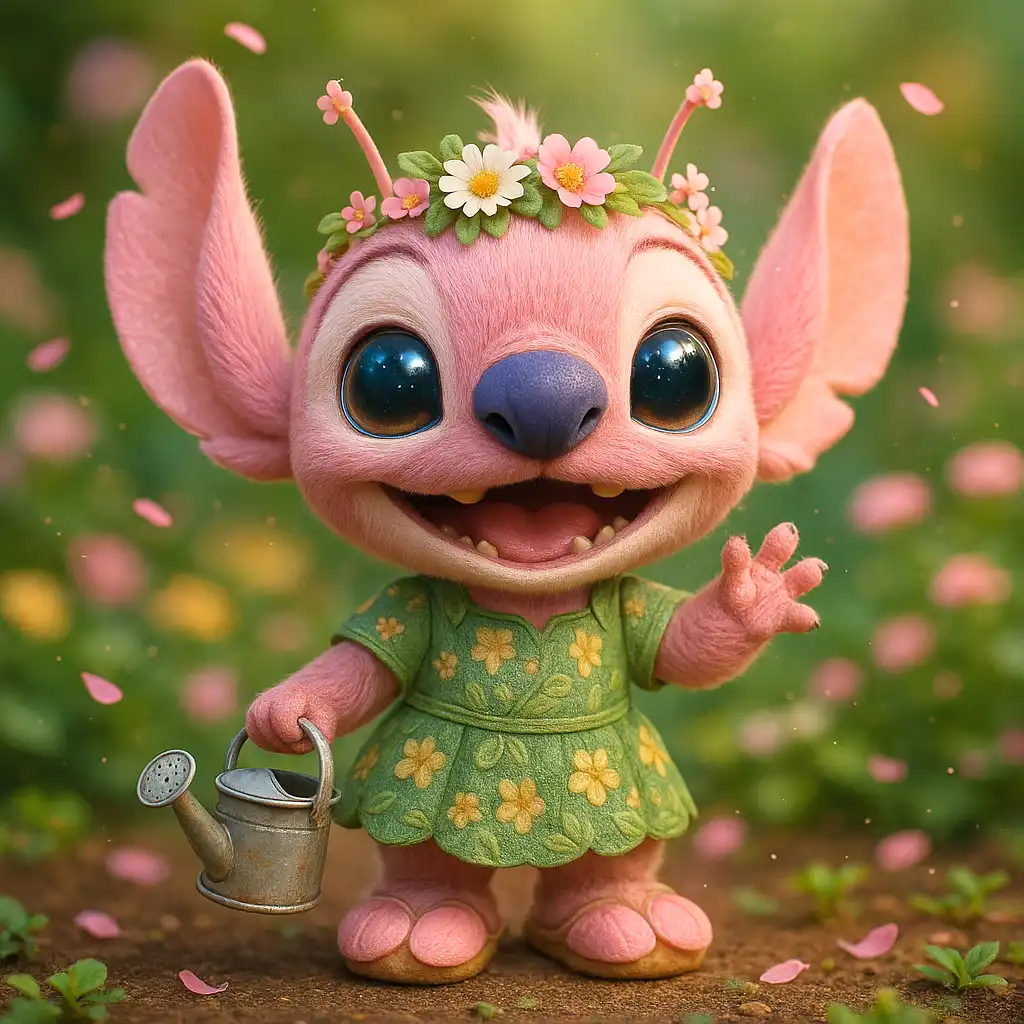 "Blossom com pelagem rosa, a guardiã do jardim interdimensional"