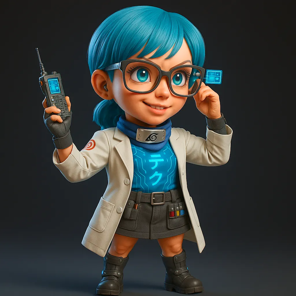 Bulma trabalhando em dispositivos ninja avançados em laboratório de Konoha no universo de Naruto