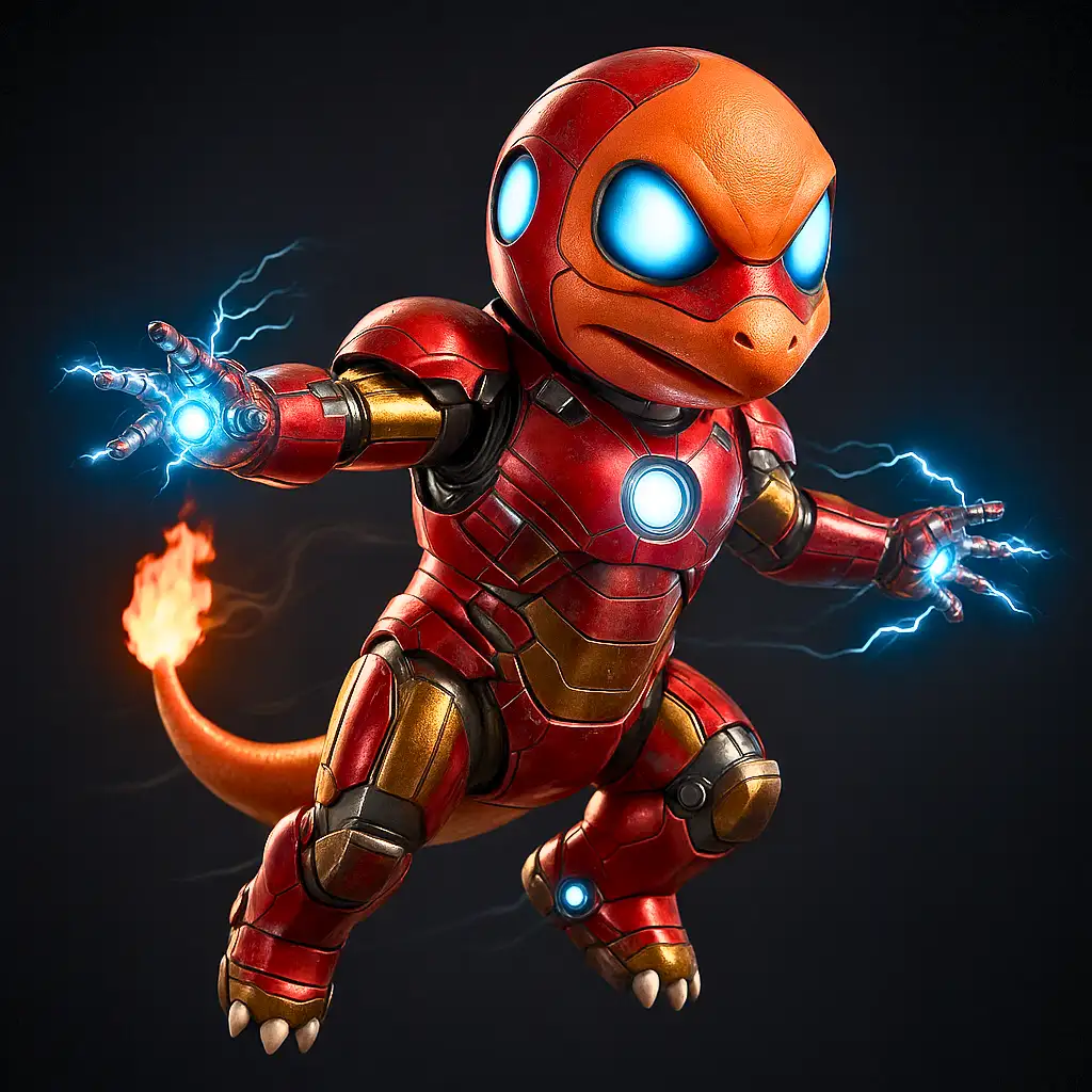 Gênio Bilionário: Charmander como Tony Stark em Renderização Ultra-Realista
