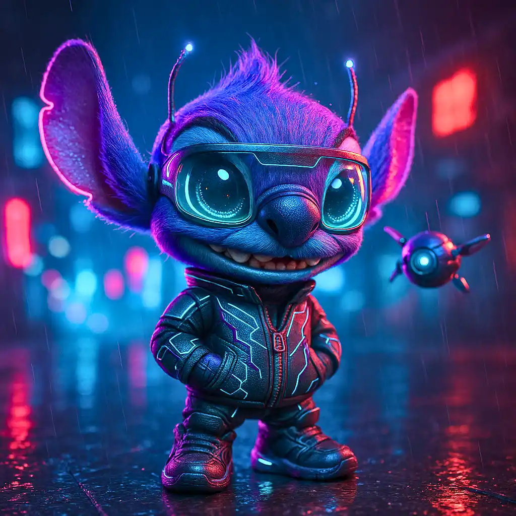 "Glitch com pelagem roxa neon, o líder da resistência contra a NeoCorp"
