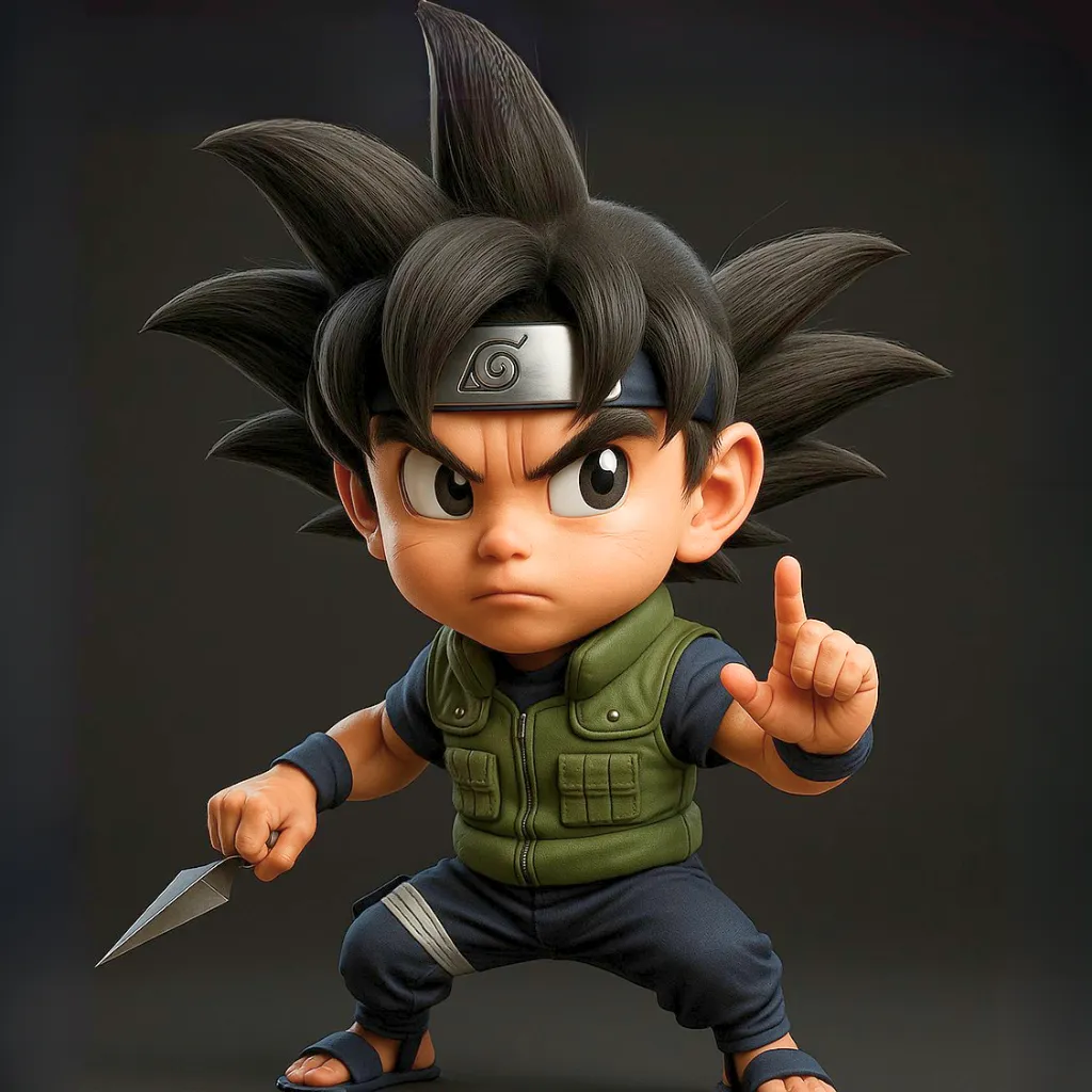 Goku vestindo trajes ninja de Konoha formando selos de mão para Kamehameha no universo de Naruto