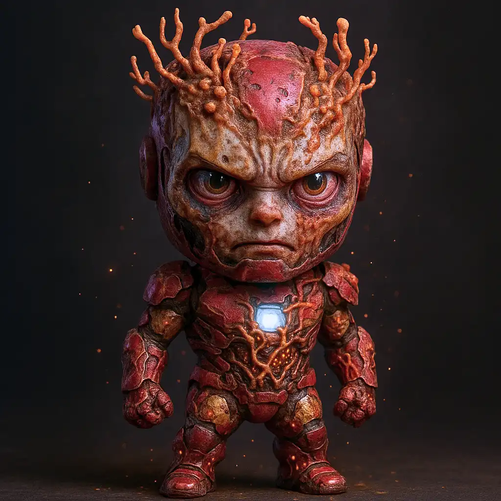 Tony Stark fundido com fungo parasita em simbiose tecno-orgânica