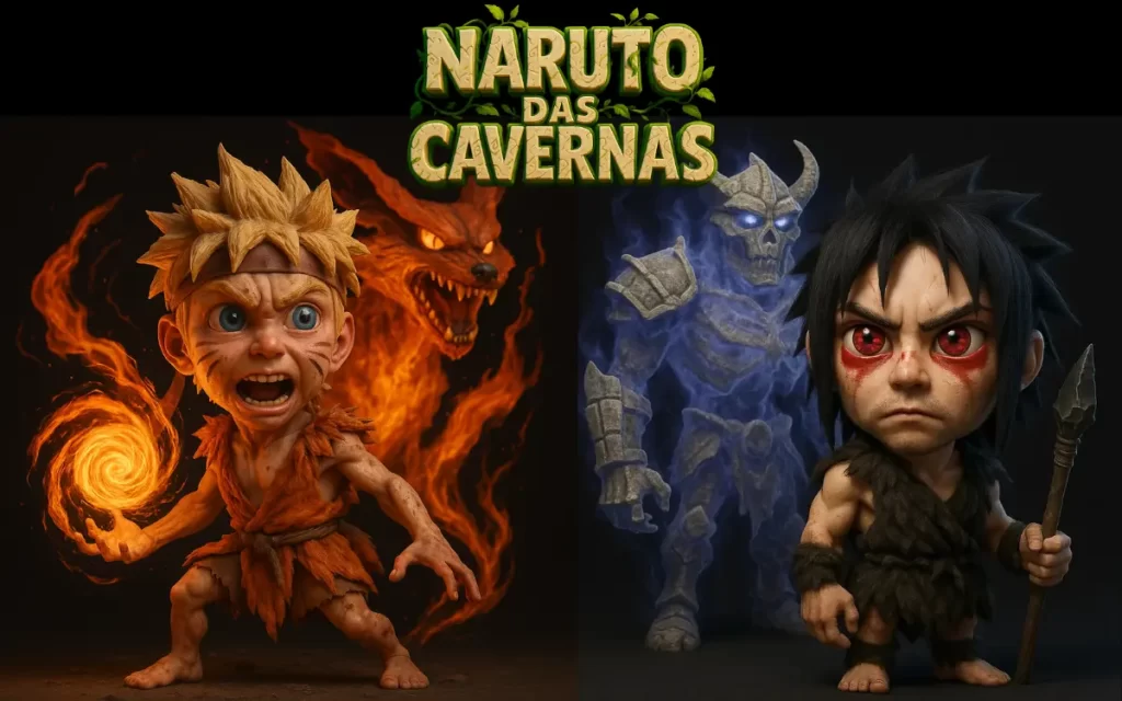 Colagem dos sete personagens de Naruto (Naruto, Sasuke, Sakura, Kakashi, Jiraiya, Orochimaru e Gaara) redesenhados como habitantes das cavernas com pinturas rupestres ao fundo