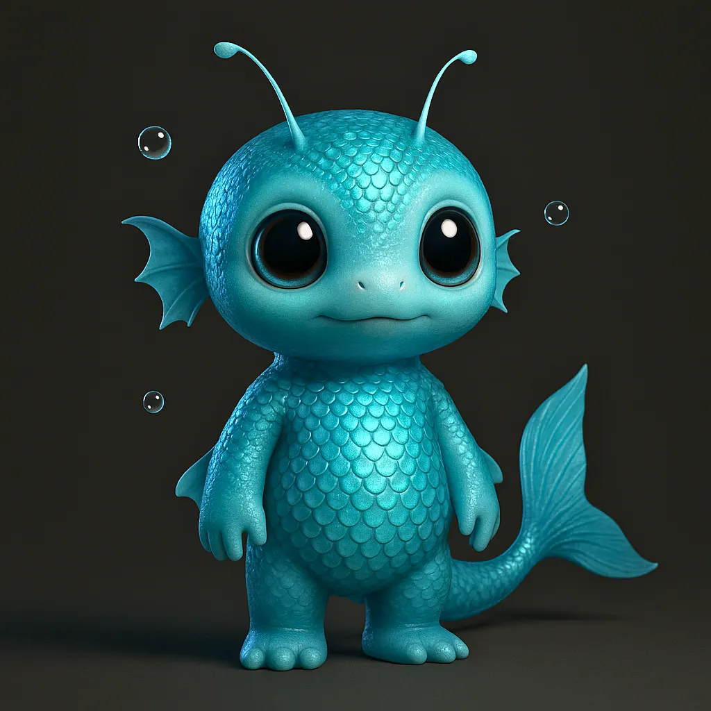  "Aquafluff, novo Pokémon aquático com escamas azul-esverdeadas cintilantes em renderização 3D realista"