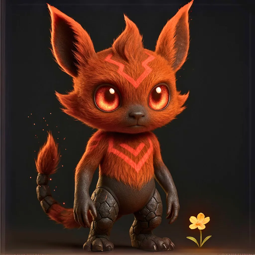 "Flarecub, novo Pokémon de fogo com pelagem alaranjada e padrões geométricos vermelhos em renderização 3D realista"
