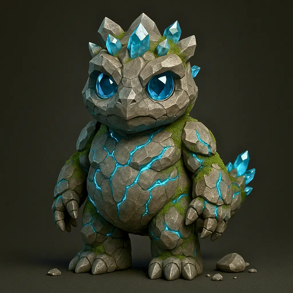  "Geocrisp, novo Pokémon de pedra com corpo rochoso e veios de cristal azul em renderização 3D realista"