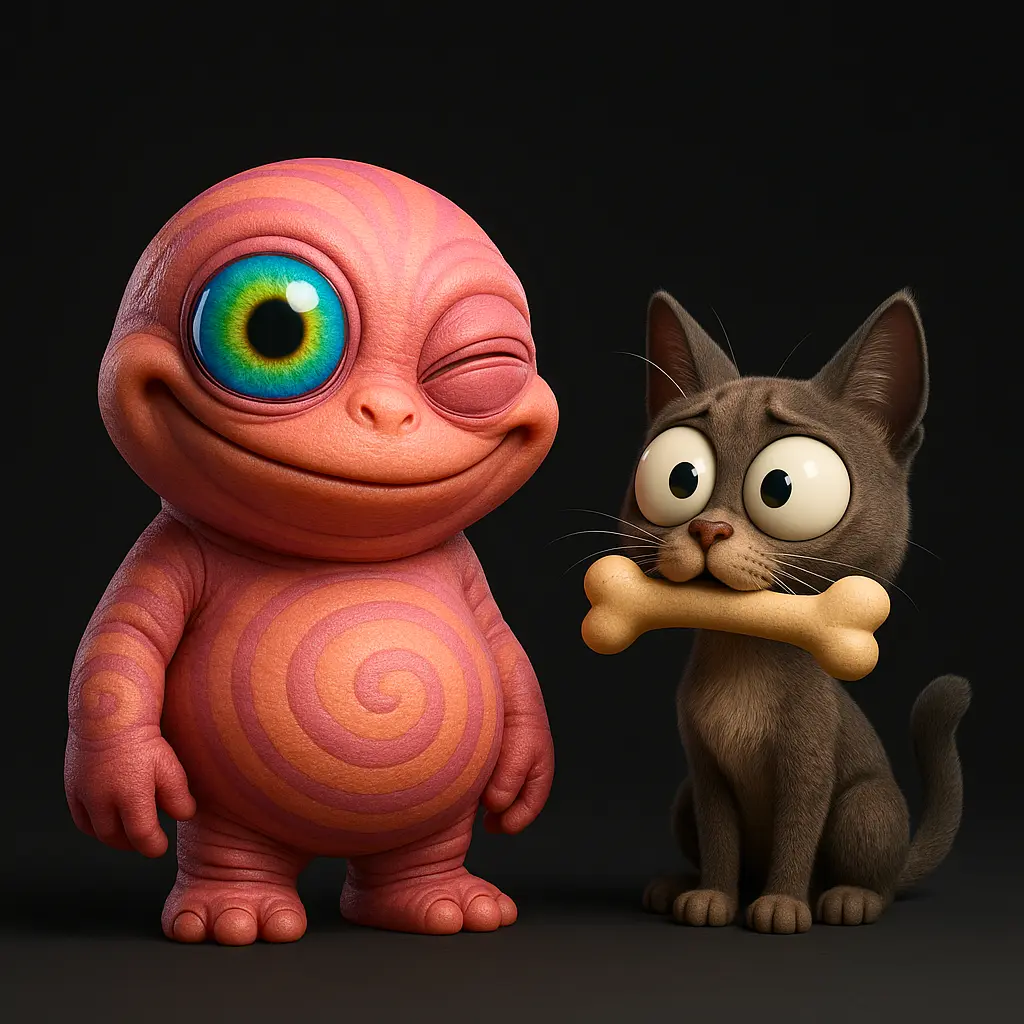 "Quirkle, novo Pokémon psíquico com corpo elástico e olhos camaleônicos em renderização 3D realista" 