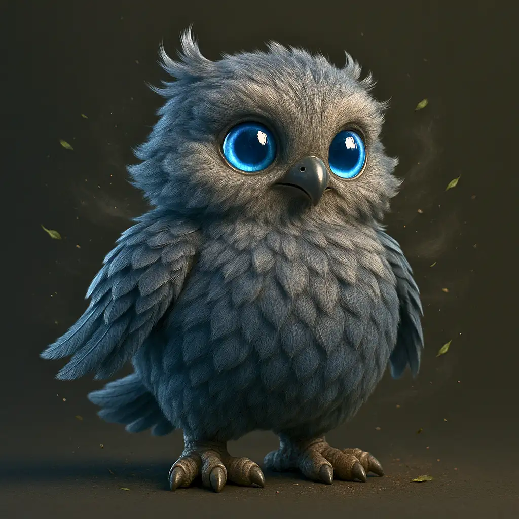 "Zephyrold, novo Pokémon de vento com corpo acolchoado e penas volumosas em tons de cinza e azul em renderização 3D realista"