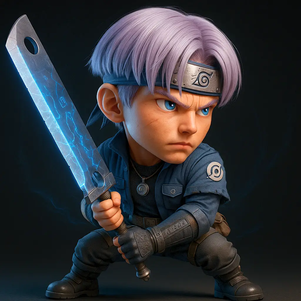 Trunks empunhando espada de chakra com símbolos ninjas no universo de Naruto