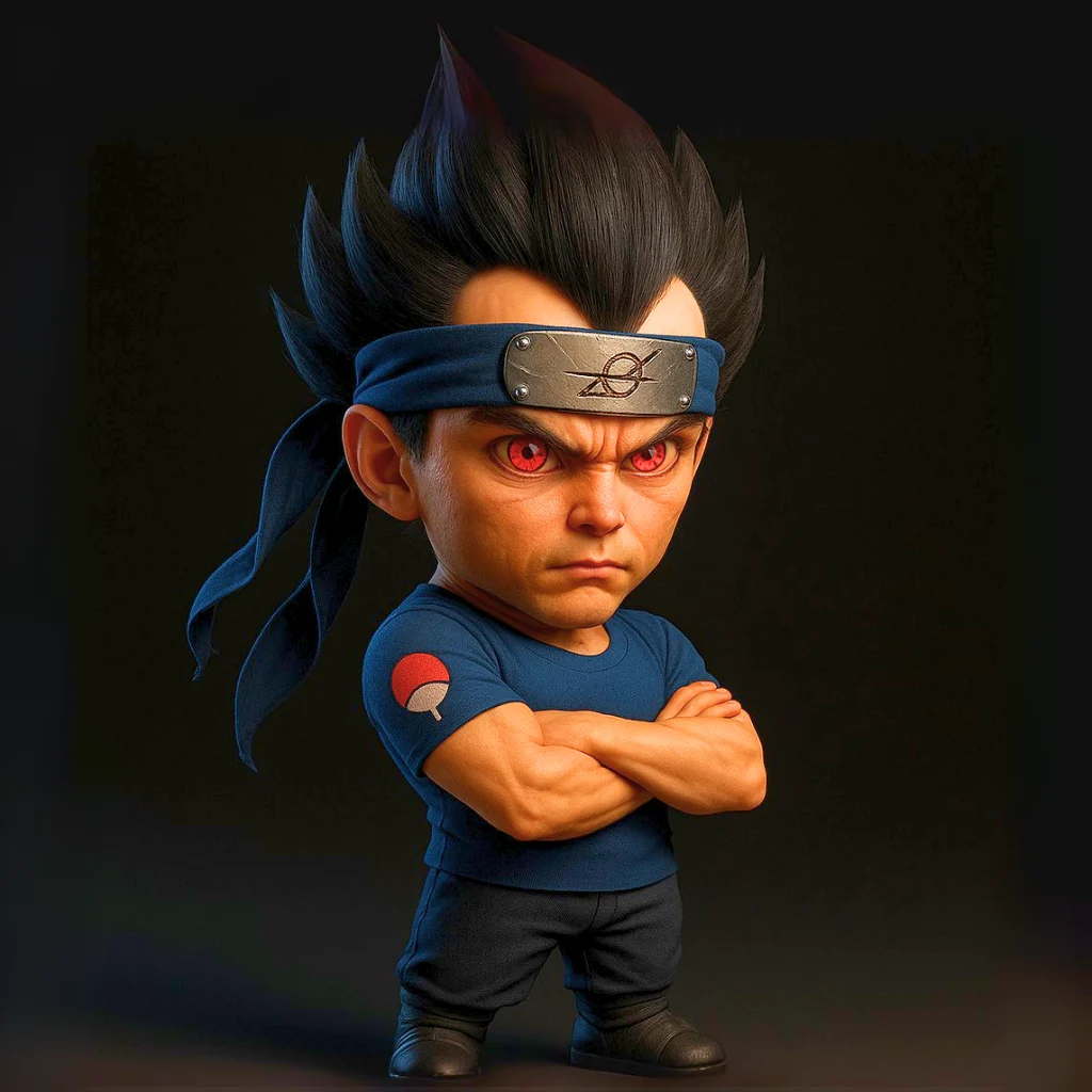 Vegeta com Sharingan ativado usando armadura tradicional Uchiha no universo de Naruto