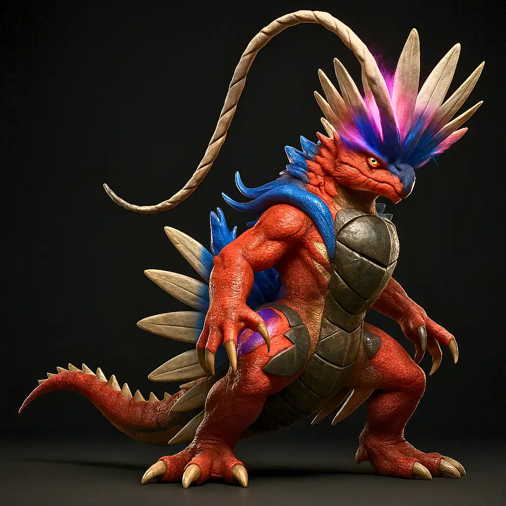 Koraidon em versão 3D ultra-realista com escamas ancestrais e crista vibrante