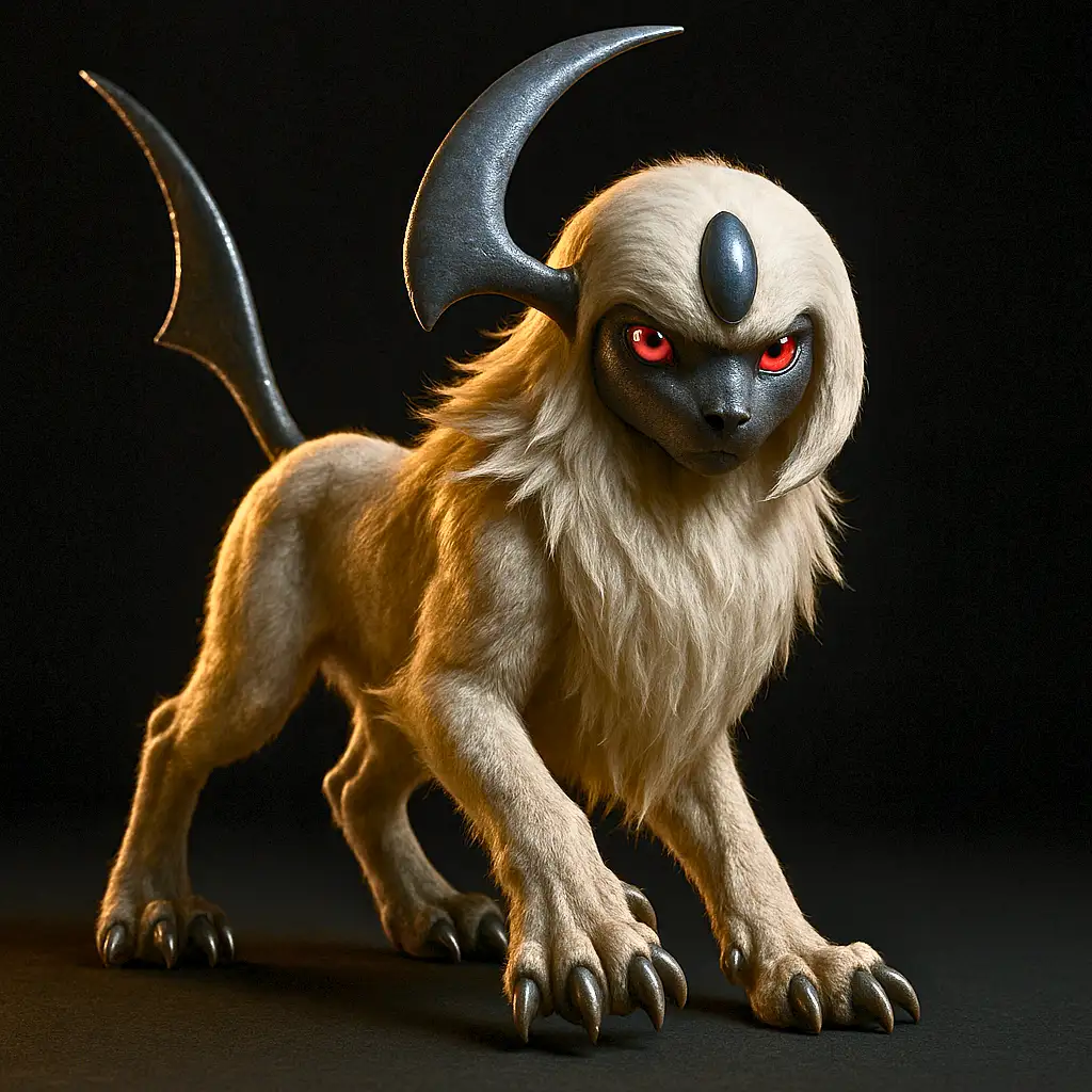 Absol em versão 3D hiper-realista com pelagem detalhada e chifre cristalino