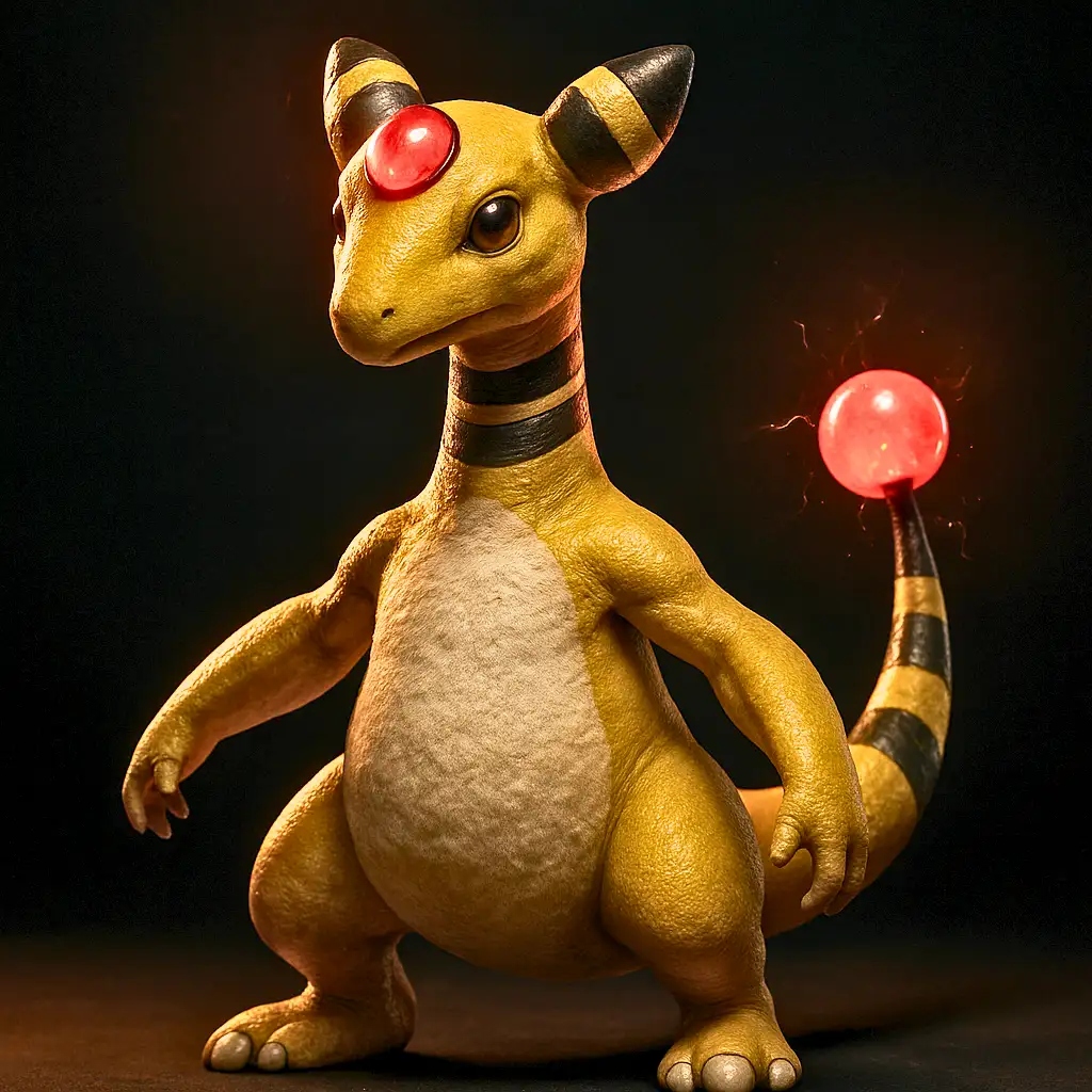 Ampharos em versão ultra realista com pele amarela luminosa e cauda brilhante