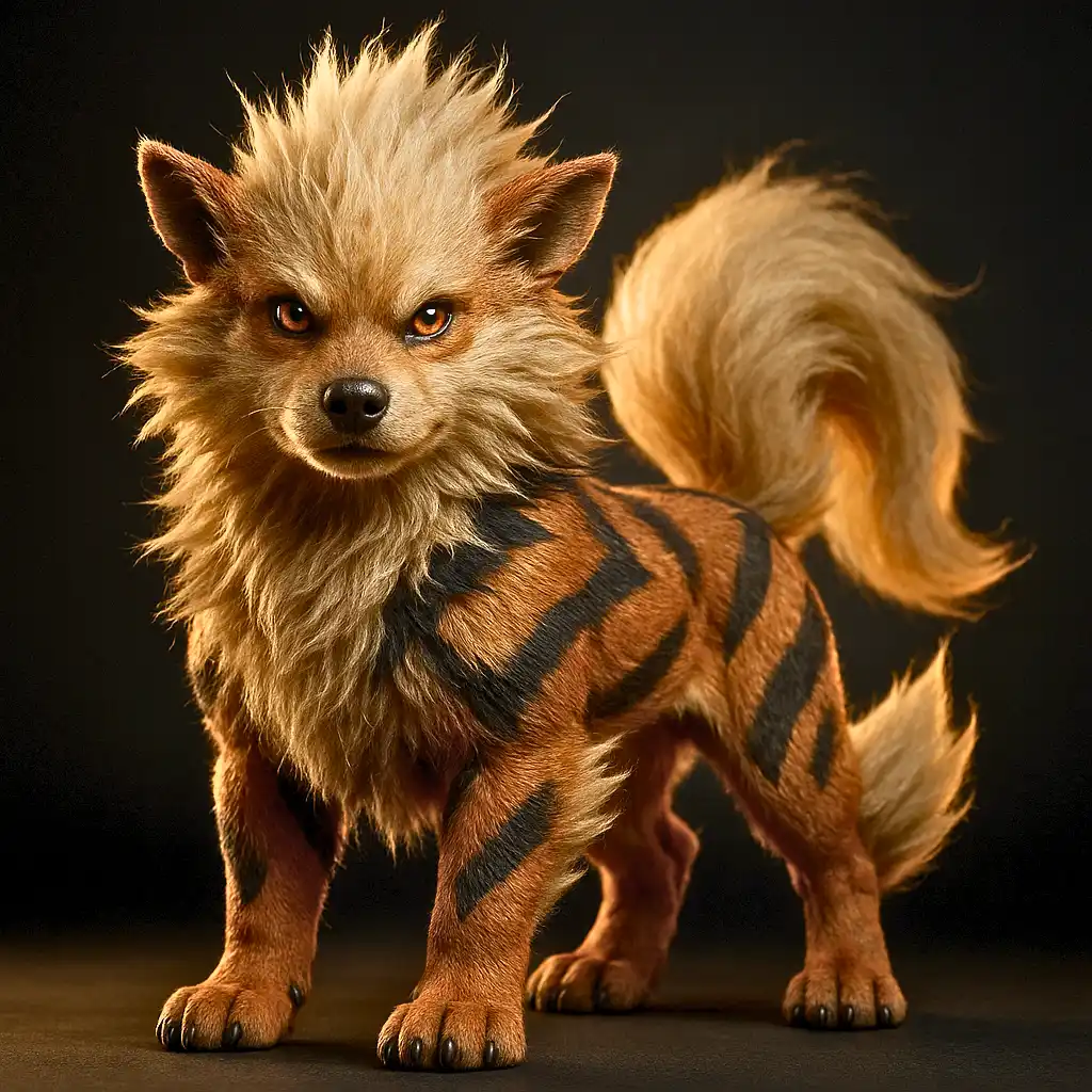 Arcanine em versão 3D hiper-realista com pelagem luxuosa detalhada e anatomia canina majestosa em qualidade fotográfica