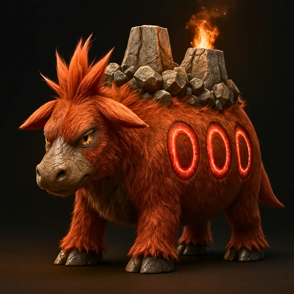 Camerupt em versão 3D hiper-realista com corcundas vulcânicas detalhadas e magma visível