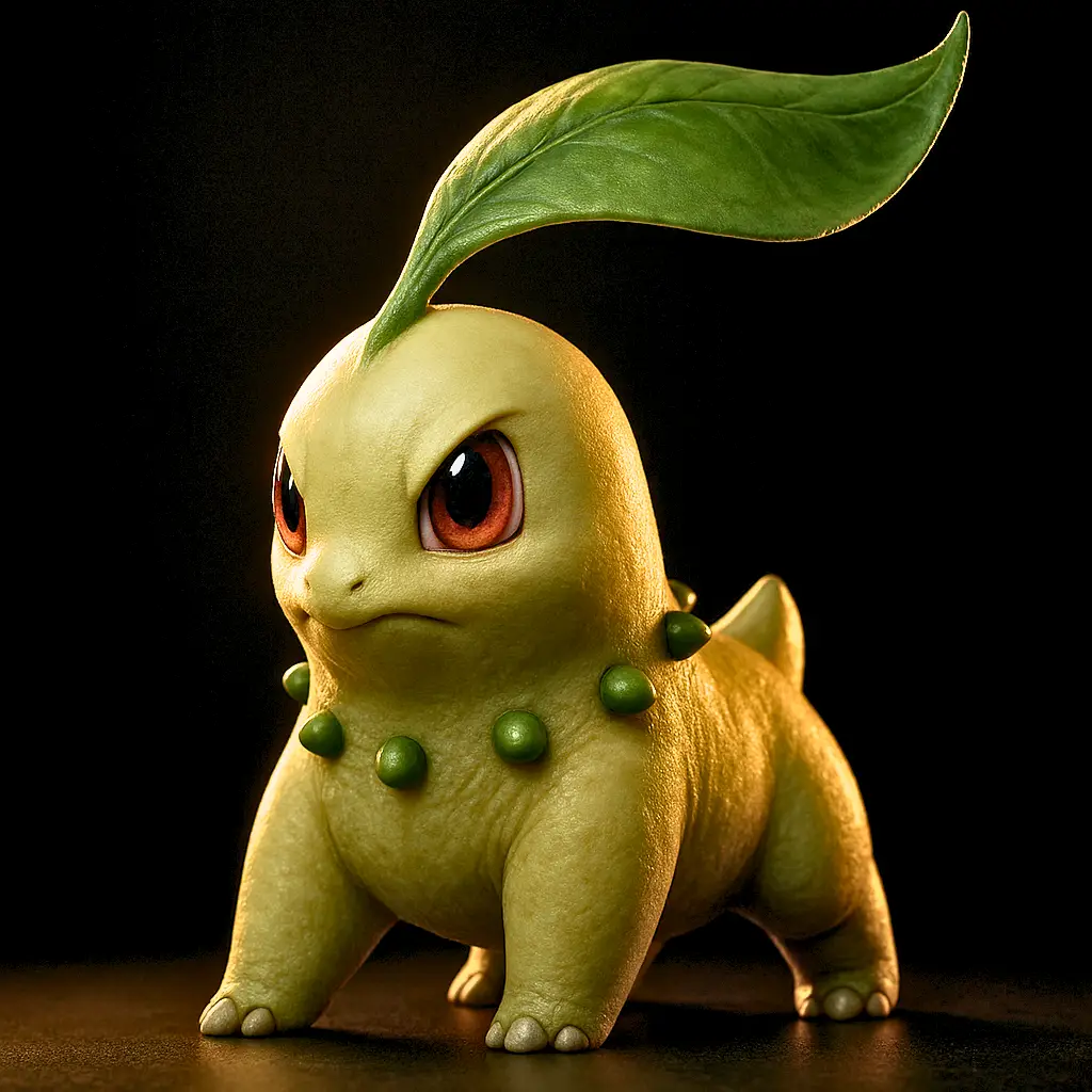 Chikorita em versão 3D ultra realista com folha detalhada e textura de pele fotossintética