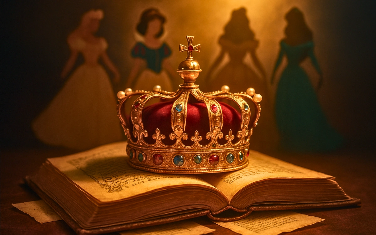 Coroa reluzente em cima de livro antigo com silhuetas de princesas ao fundo