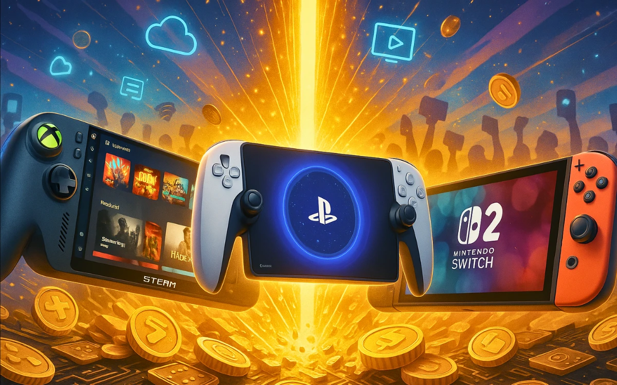 Quatro consoles portáteis hiper-realistas — Xbox portátil, PlayStation portátil, Steam Deck e Nintendo Switch 2 — emergem de vórtice dourado com energia, circuitos e moedas digitais ao redor, feixe de luz dourado ao centro e multidão de gamers ao fundo.