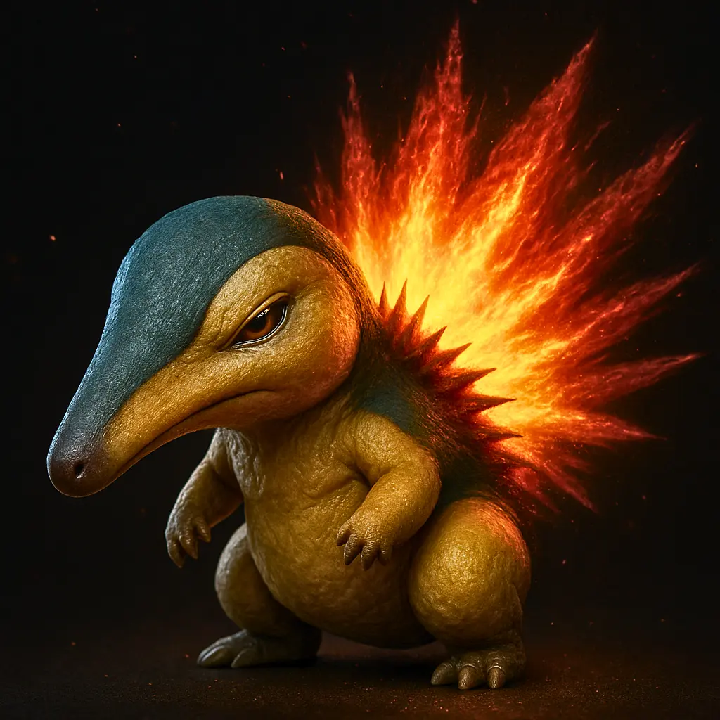 Cyndaquil em versão 3D ultra realista com chamas detalhadas e pelagem resistente ao calor