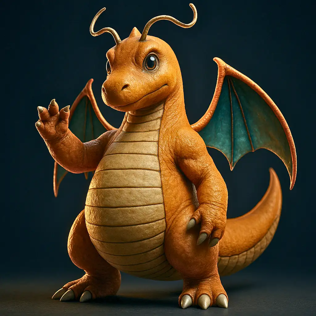 Dragonite em versão 3D ultra realista com detalhes de escamas e asas