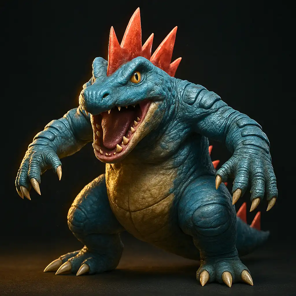 Feraligatr em versão ultra realista com escamas detalhadas e mandíbulas poderosas 