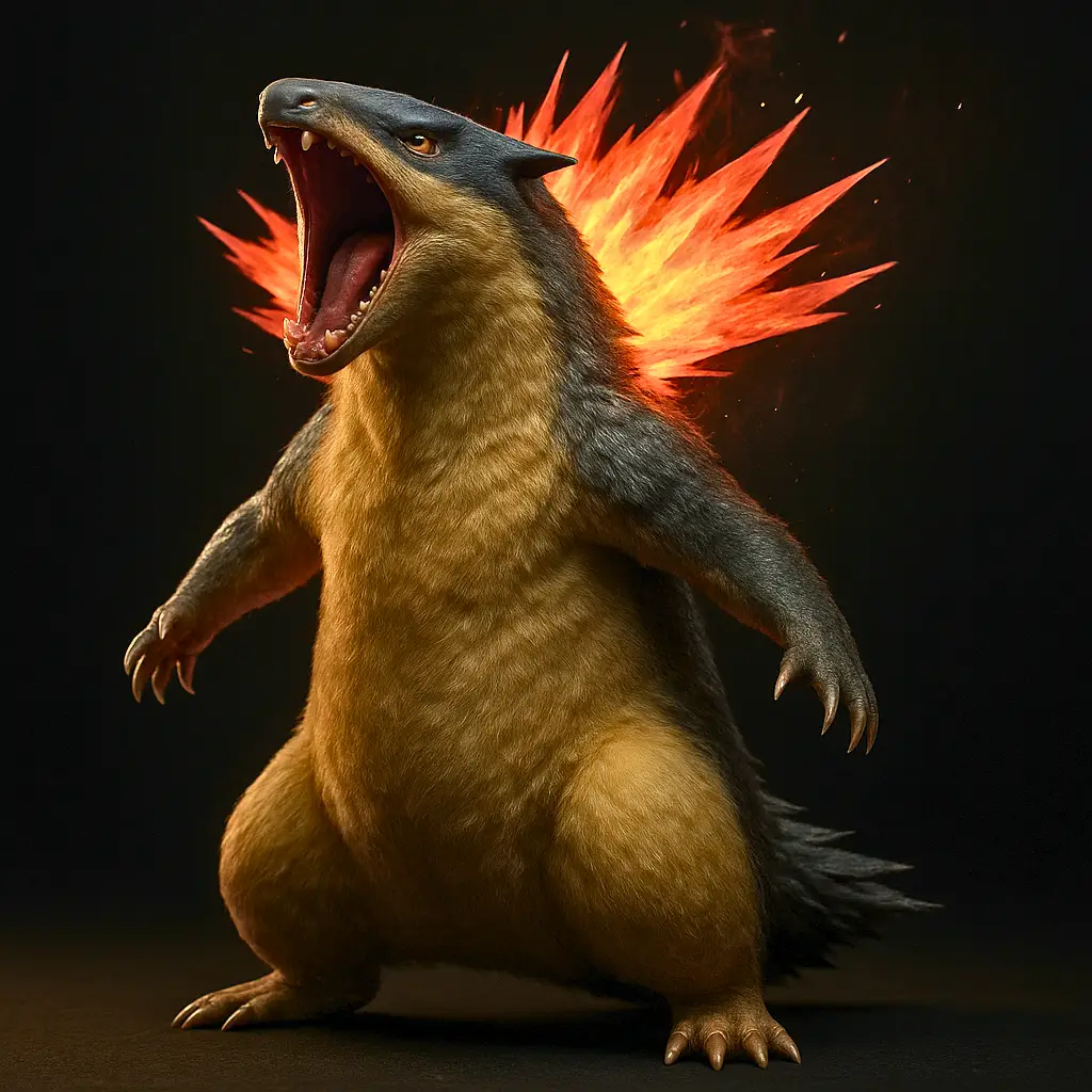 yphlosion em versão ultra realista com coleira de chamas detalhadas