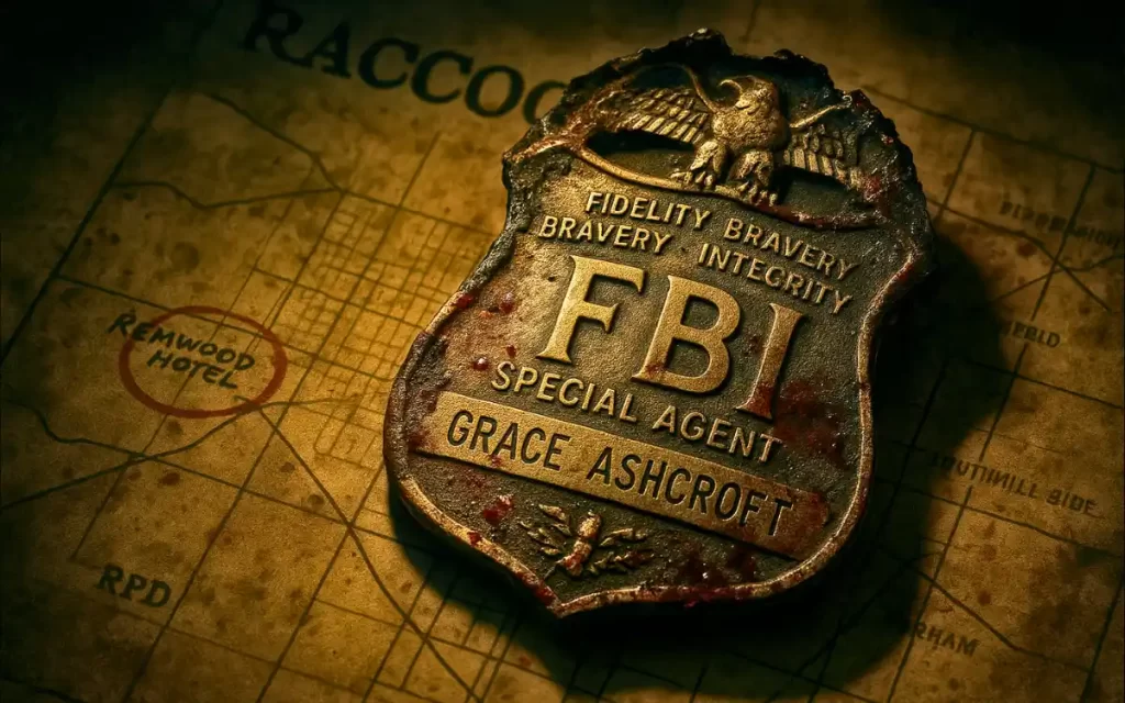 Distintivo do FBI de Grace Ashcroft sobre mapa de Raccoon City com Hotel Remwood marcado
