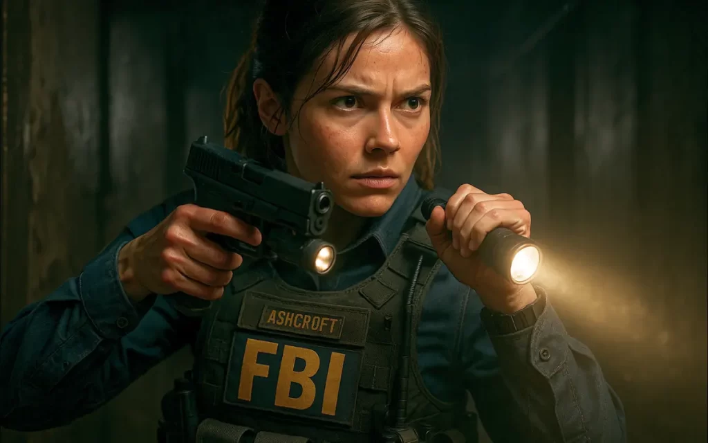 Grace Ashcroft em posição de combate investigando ruínas em Resident Evil Requiem