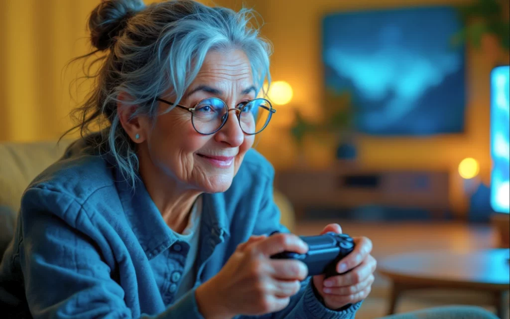 Mulher idosa de 65 anos concentrada jogando videogame com controle de PlayStation 5 em ambiente aconchegante