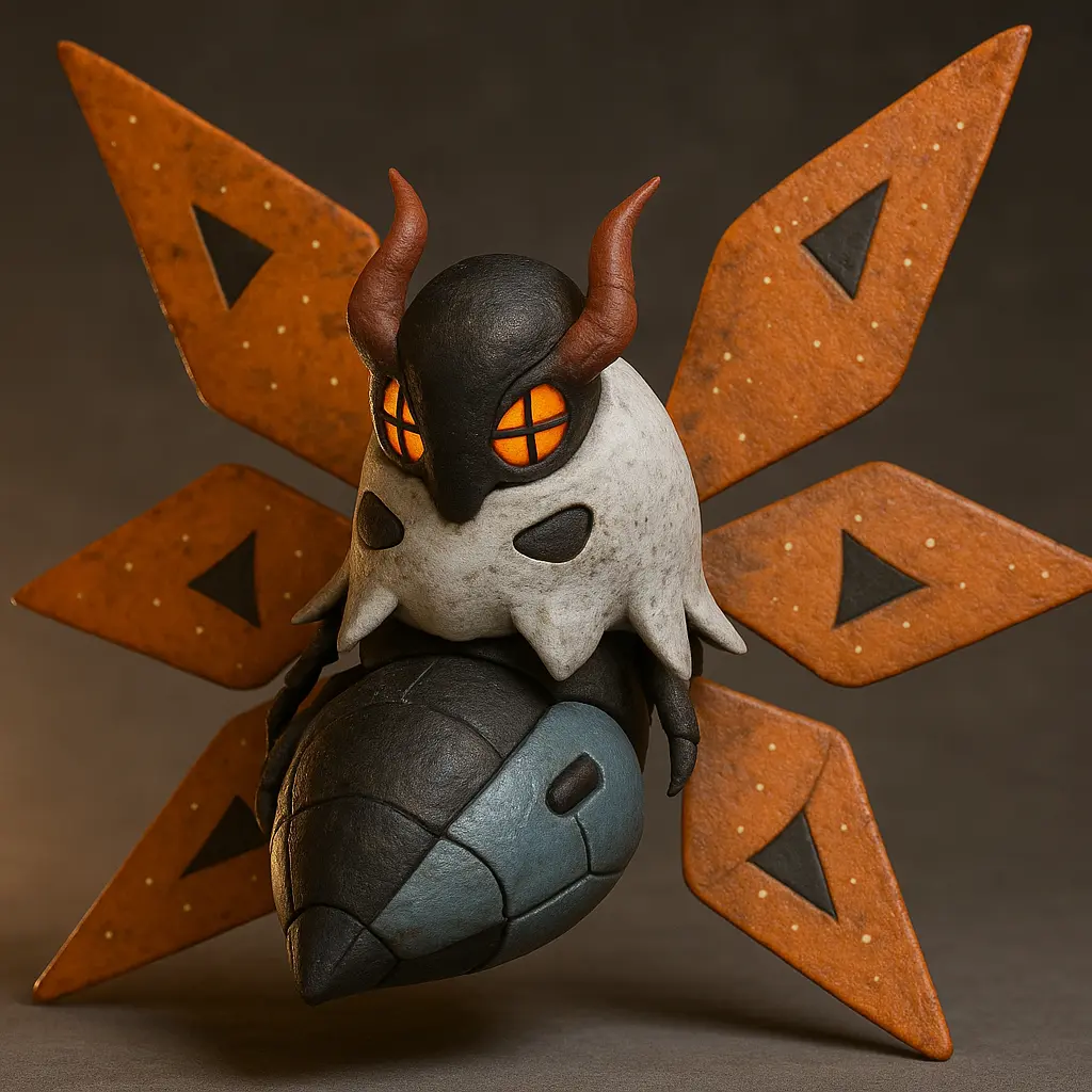 Renderização Hiper-Realista do Pokémon Iron-Moth com Detalhes Metálicos