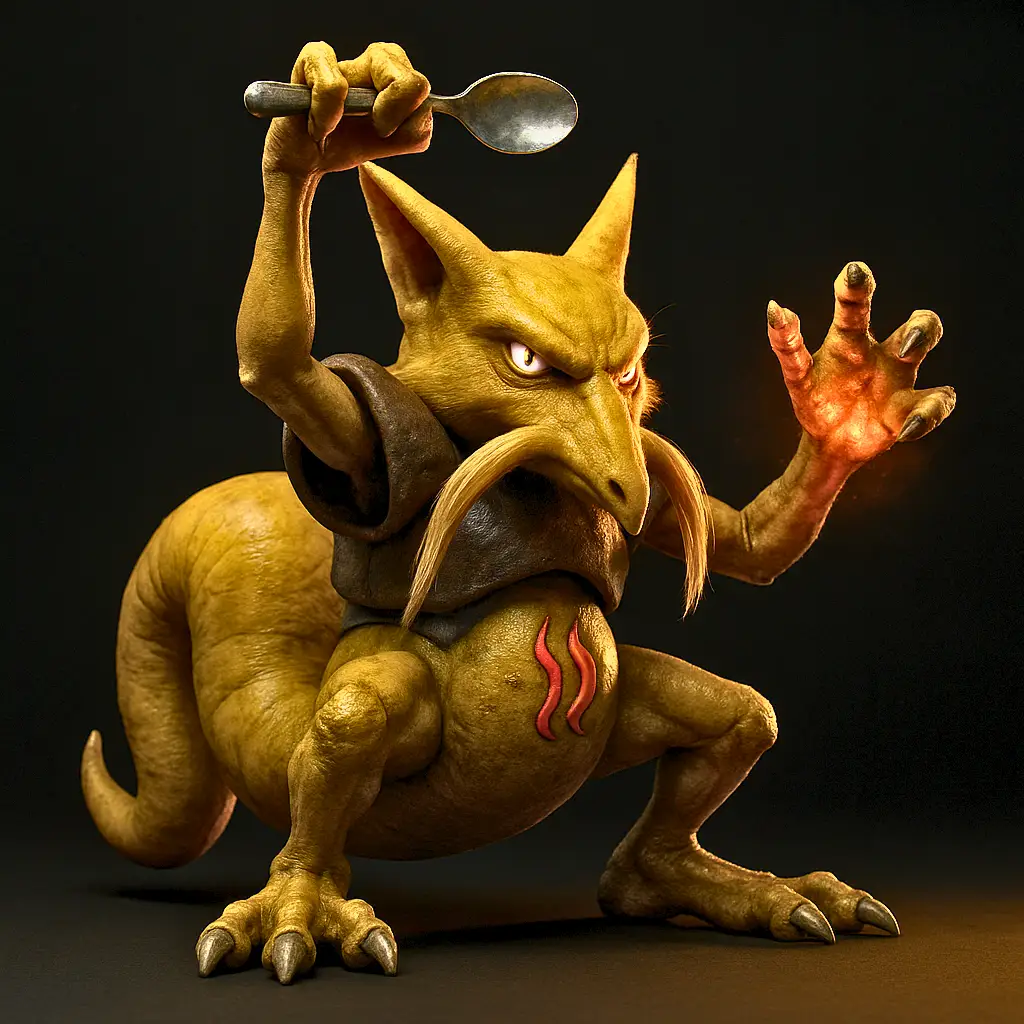 Kadabra em versão ultra realista com colher e detalhes psíquicos