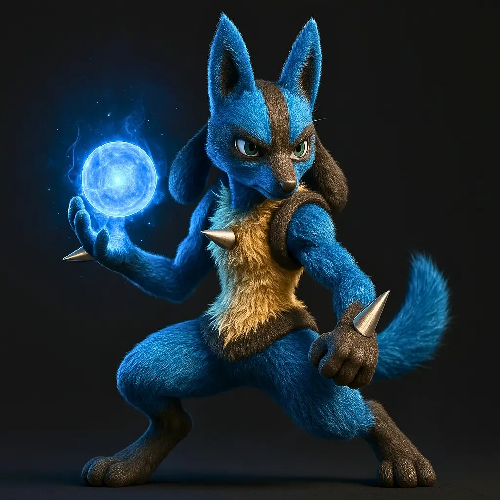 Lucario em versão 3D hiper-realista com detalhes de pelo, músculos e sensores aurais em qualidade fotográfica