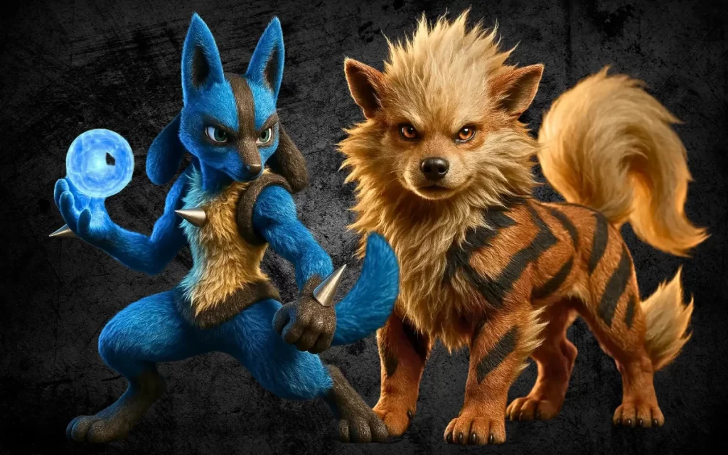 Lucario e Arcanine em versões 3D hiper-realistas com detalhes impressionantes de pelo, músculos e texturas em qualidade fotográfica