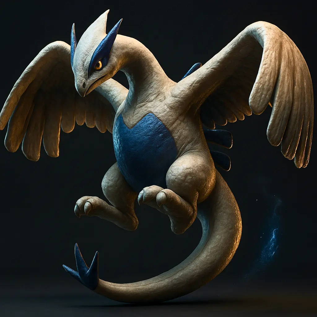 Lugia em versão ultra realista com asas imponentes e detalhes aquáticos