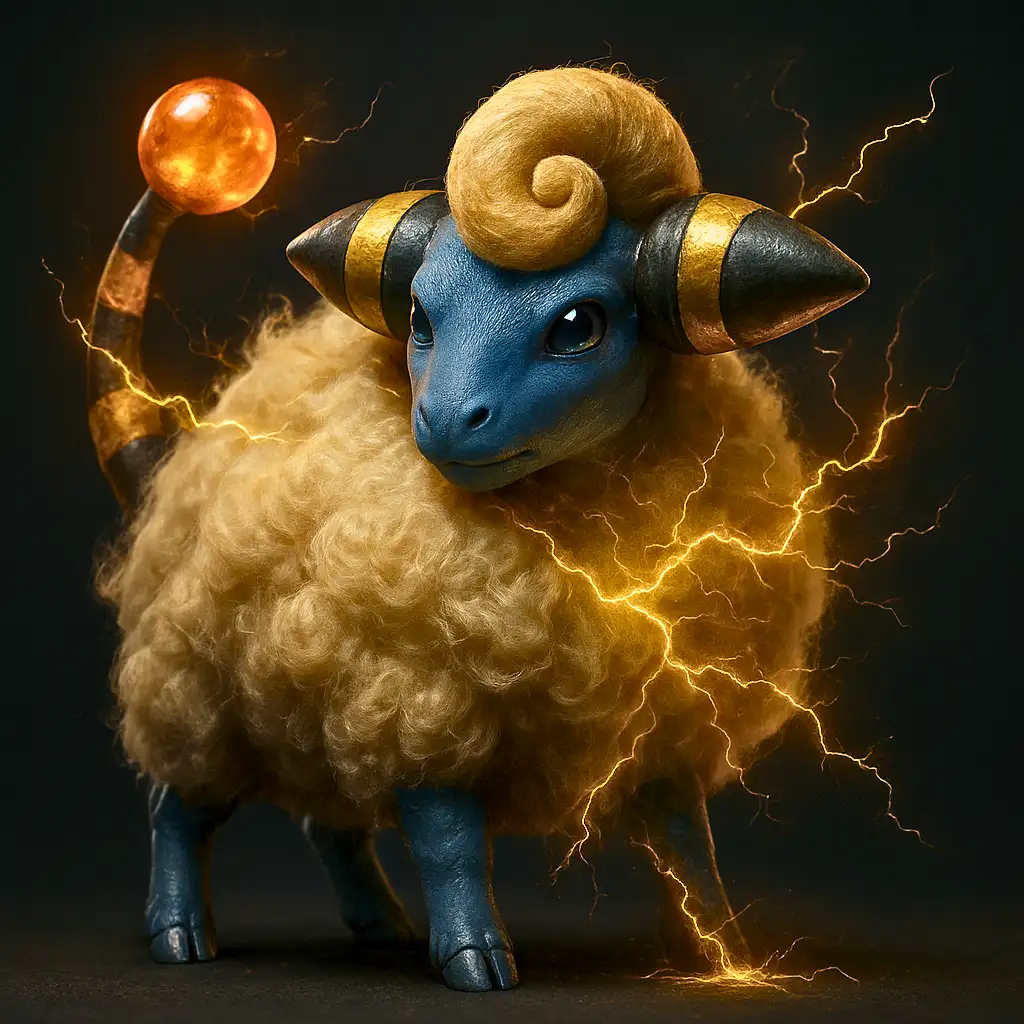 Mareep em versão 3D ultra realista com lã detalhada exibindo propriedades elétricas