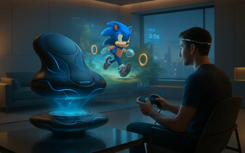 Mega Drive do futuro projetando Sonic holográfico em sala de estar