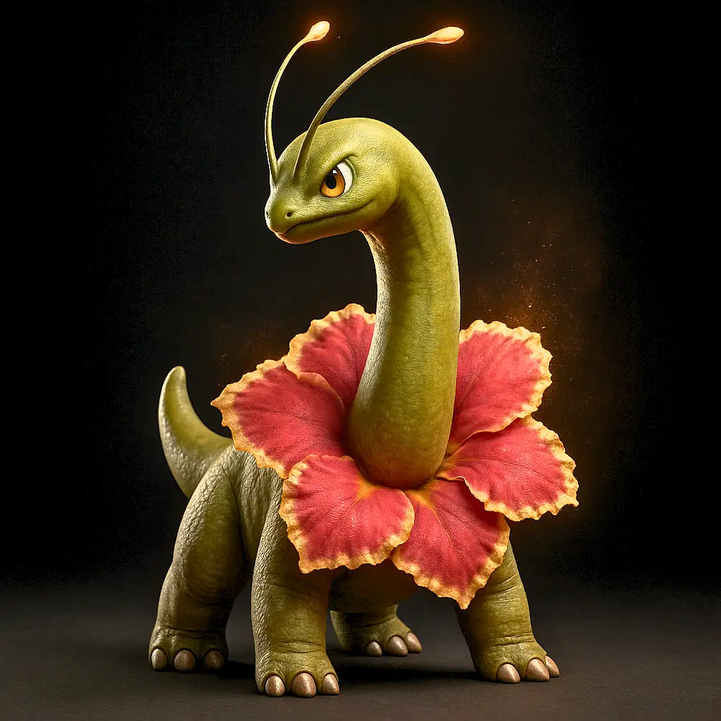 Meganium em versão ultra realista com pétalas e detalhes botânicos