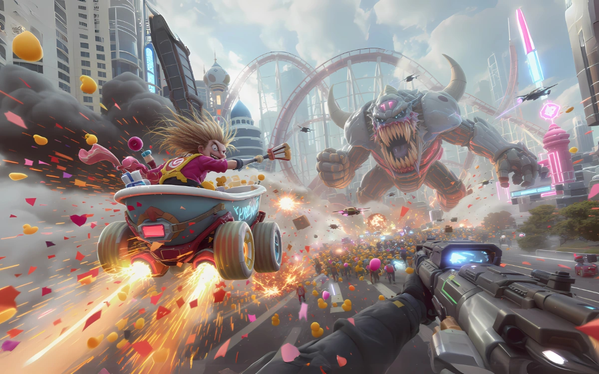 Cena de gameplay do PS6 mostrando metaverso futurista com dezenas de jogadores em ambiente urbano vibrante