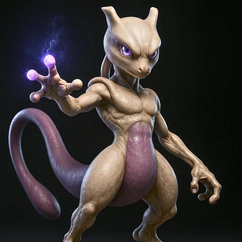 Mewtwo em versão 3D hiper-realista com anatomia alienígena detalhada e aura psíquica em qualidade fotográfica