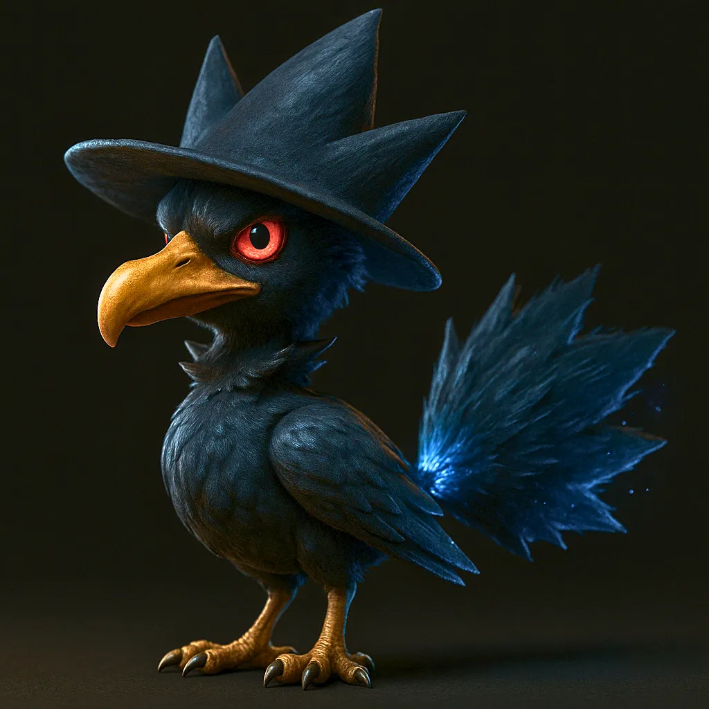 Murkrow em versão 3D ultra realista com plumagem negra iridescente e topete sensorial