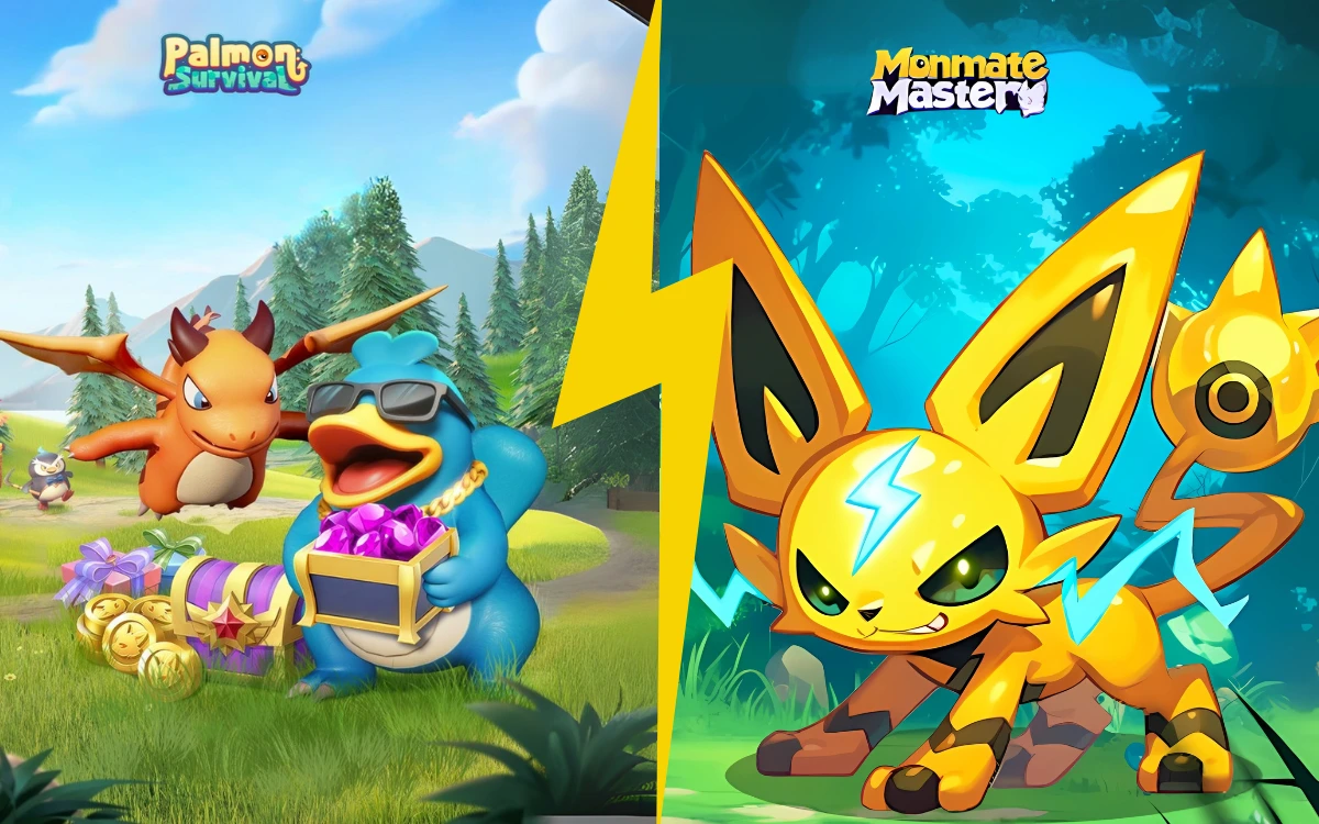 Criaturas do jogo Palmon Survival (esquerda) e Monmate (direita), representando alternativas ao estilo Pokémon.
