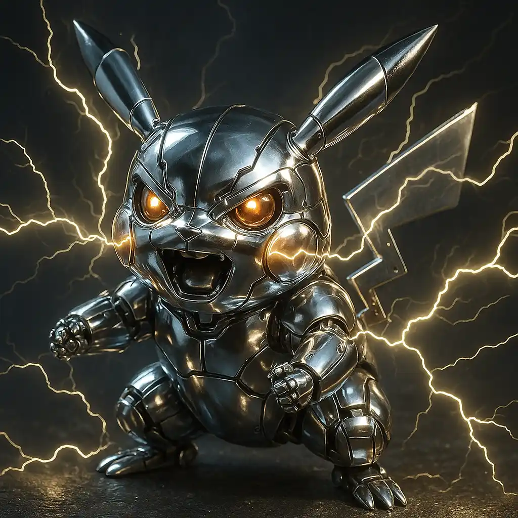 Renderização 3D de Pikachu versão metálica cromada