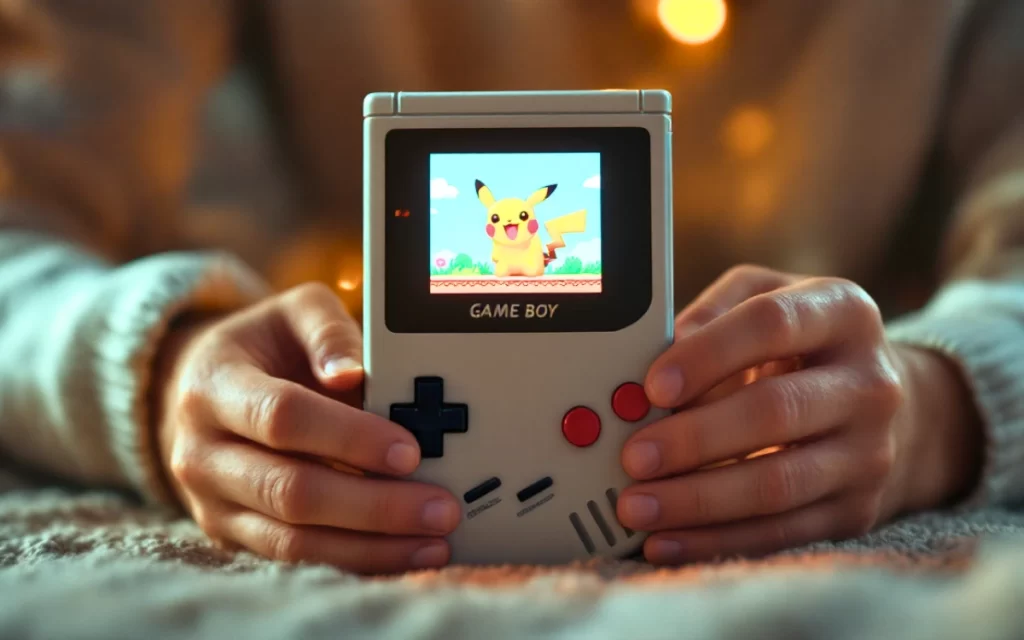 Game Boy com Pokémon sendo compartilhado entre três gerações de mãos, simbolizando o legado duradouro da franquia