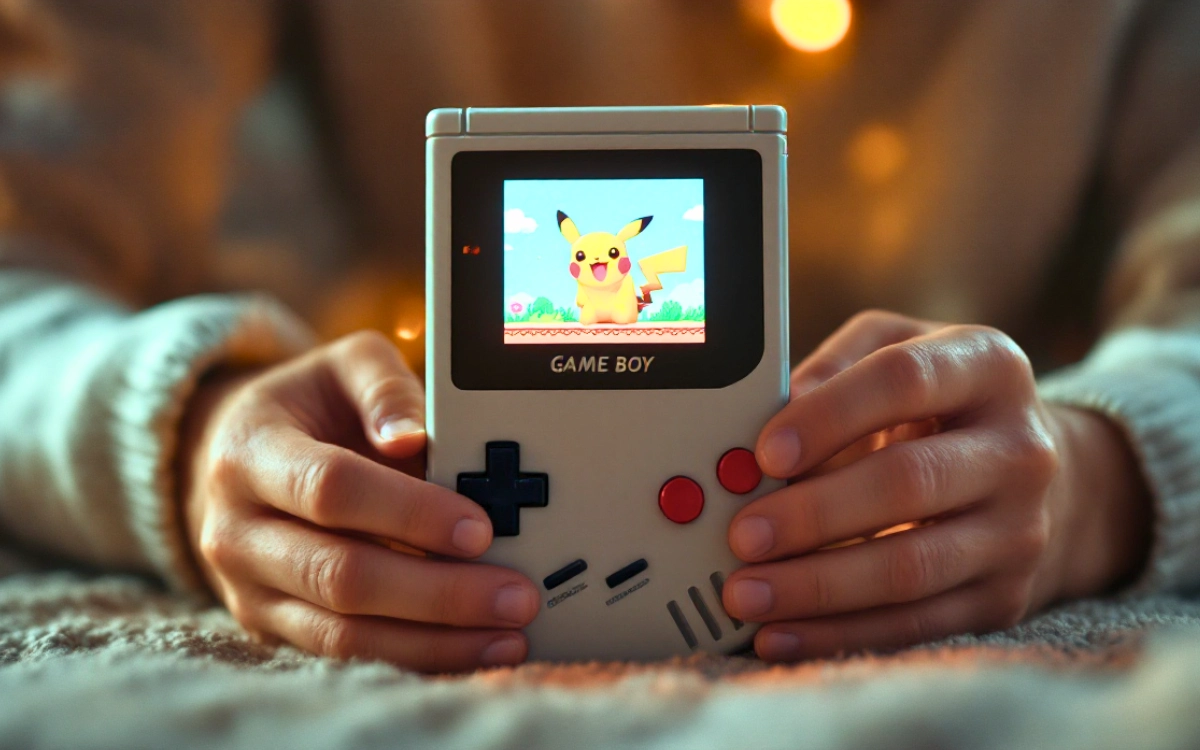 Game Boy com Pokémon sendo compartilhado entre três gerações de mãos, simbolizando o legado duradouro da franquia