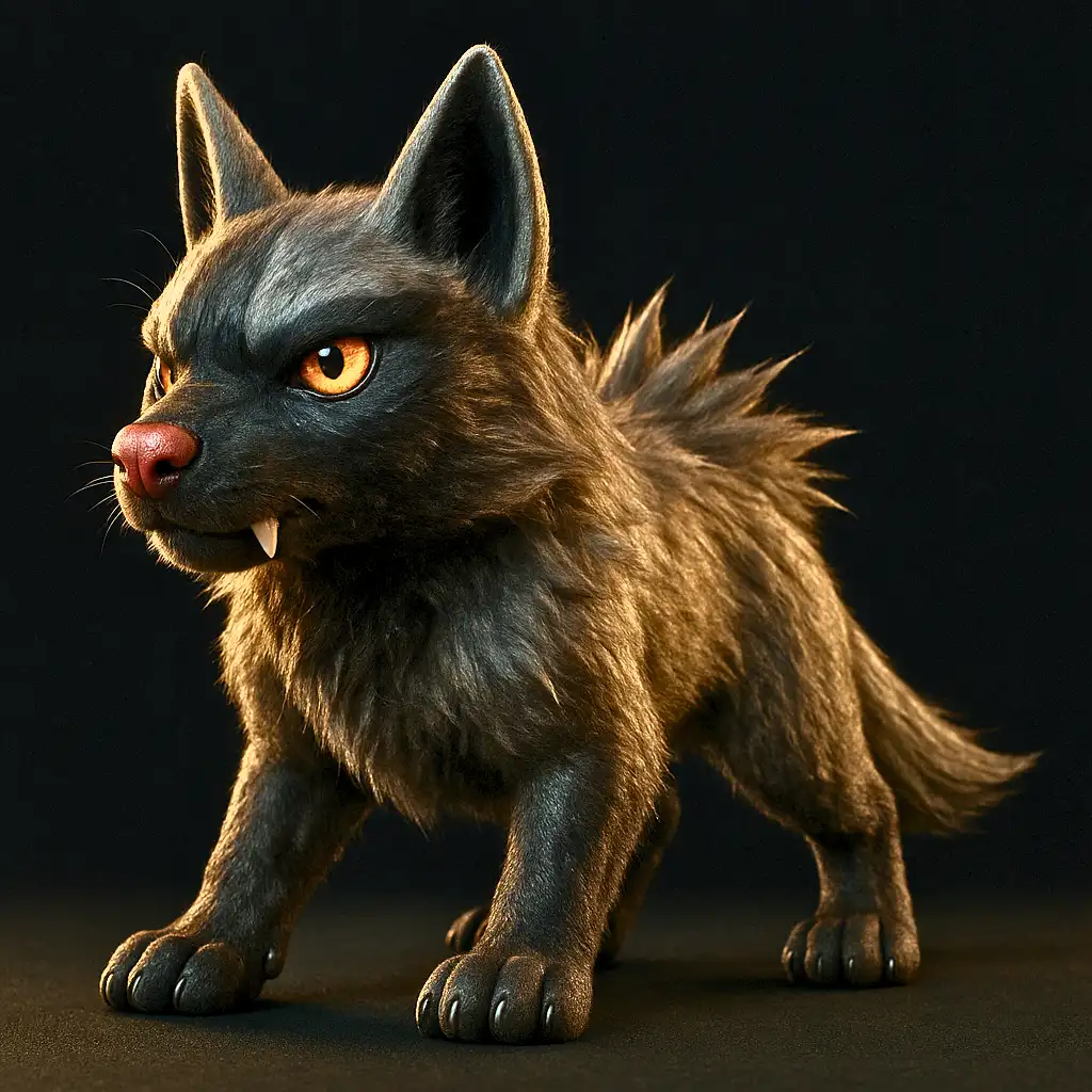 Poochyena em versão 3D ultra realista com olhos brilhantes e pelagem detalhada
