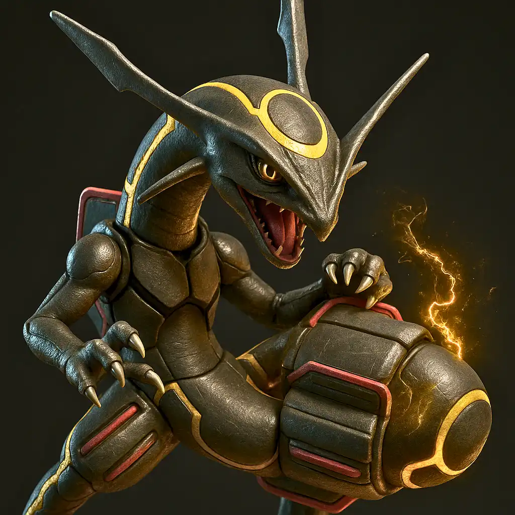 Rayquaza lendário em versão 3D hiper-realista com escamas esmeralda detalhadas e anatomia dracônica impressionante